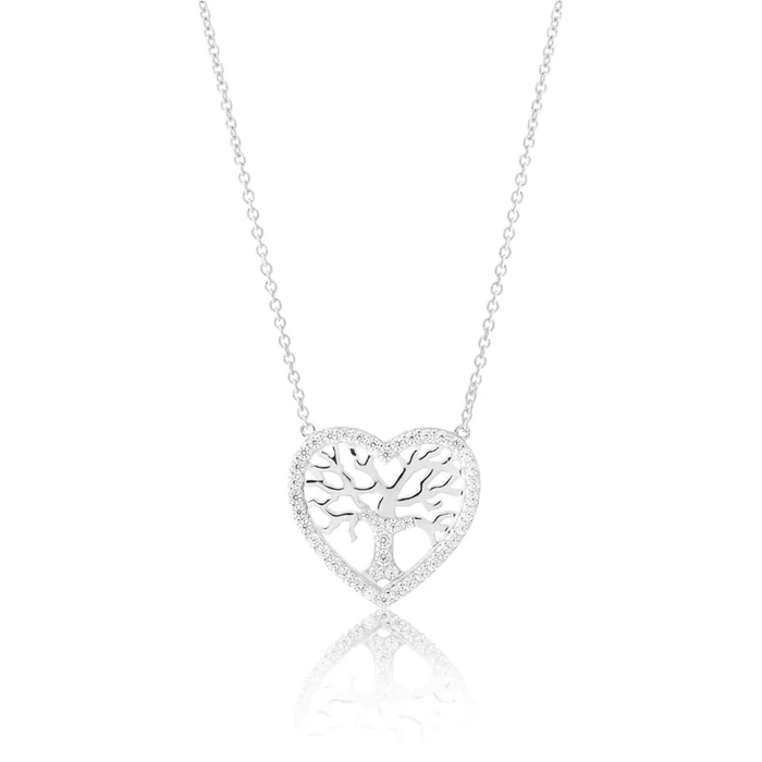 Sterling Silver 45cm Zirconia Tree in Heart Pendant on Chain