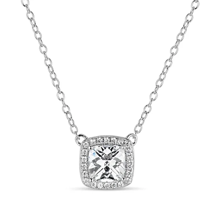 Sterling Silver 6MM Cushion Cubic Zirconia 18-inch Halo Pendant