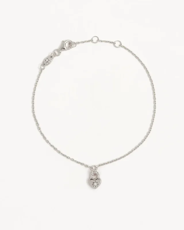 Sterling Silver Crystal Lotus Heart Padlock Bracelet