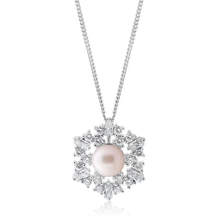 Sterling Silver Freshwater Pearl & Zirconia Pendant with 45cm Chain