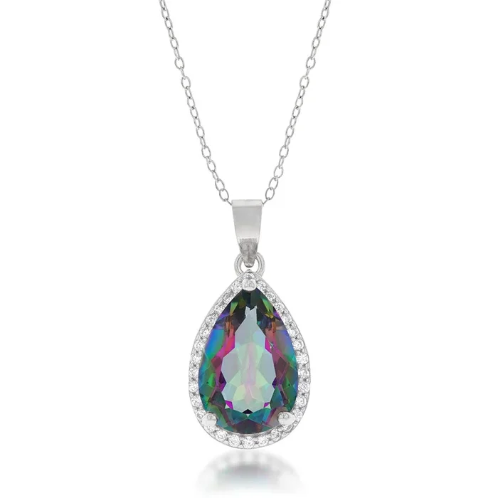 Sterling Silver Mystic Topa and Zirconia Pear Pendant on Chain