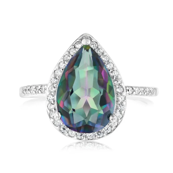 Sterling Silver Pear Mystic Quartz and Zirconia Ring
