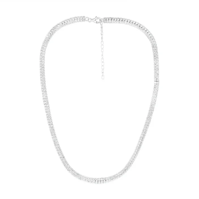 Sterling Silver Rhodium Plated 2mm Cubic Zirconia Two Row 40+5cm Tennis Chain
