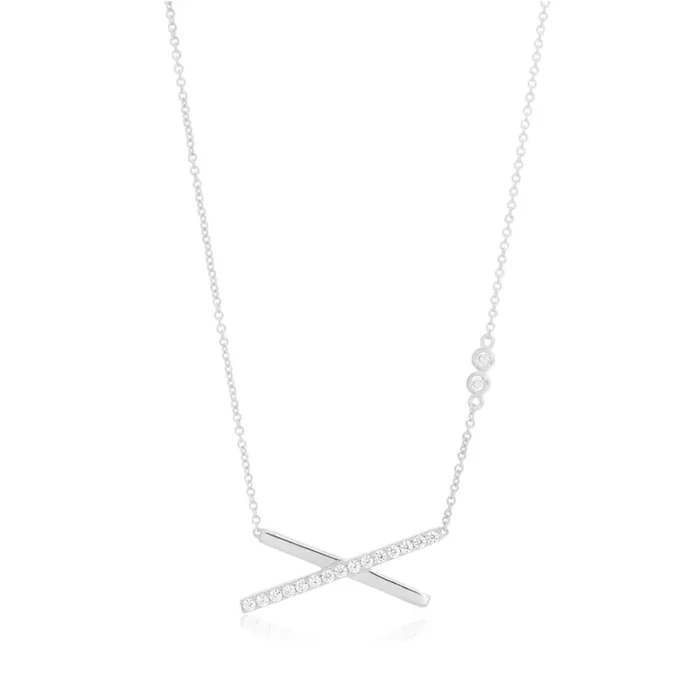 Sterling Silver Rhodium Plated Cubic Zirconia Cross Bar Pendant Chain