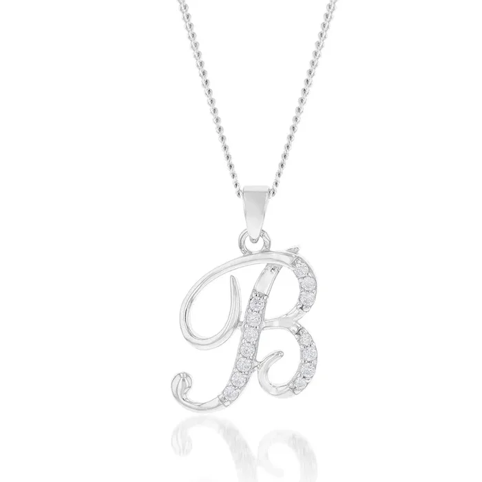 Sterling Silver Rhodium Plated Cubic Zirconia Script “B” Initial Pendant