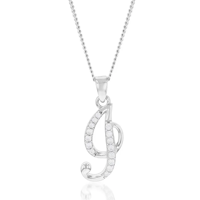 Sterling Silver Rhodium Plated Cubic Zirconia Script “I ” Initial Pendant