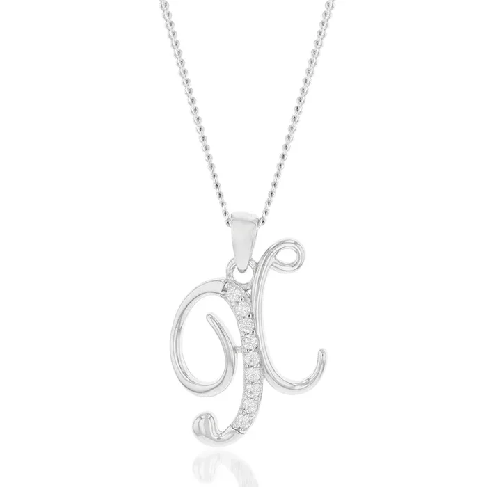 Sterling Silver Rhodium Plated Cubic Zirconia Script “X ” Initial Pendant