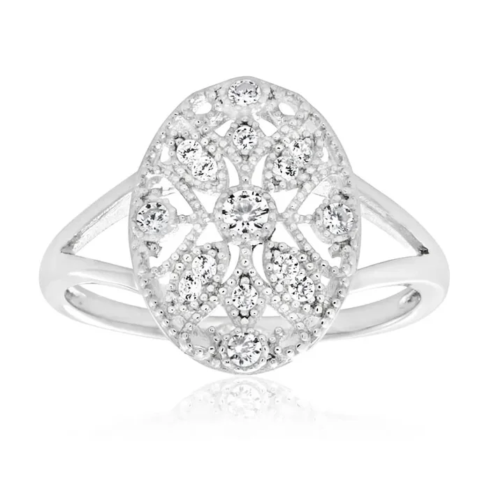 Sterling Silver Rhodium Plated Cubic Zirconia Style Vintage Ring