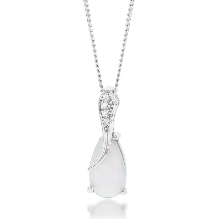 Sterling Silver Rhodium Plated Cubic Zirconia Synthetic Opal Crossover Pendant