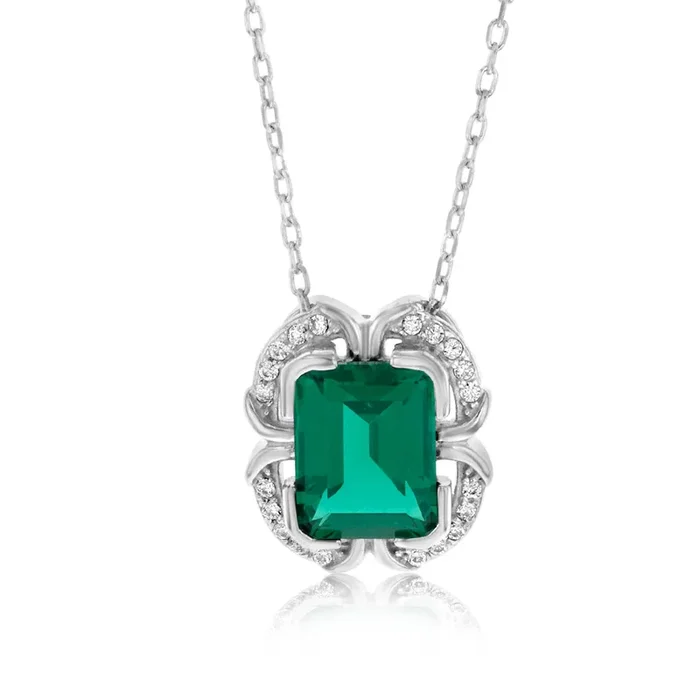Sterling Silver Rhodium Plated Emerald And White CZ Pendant With 45cm Chain