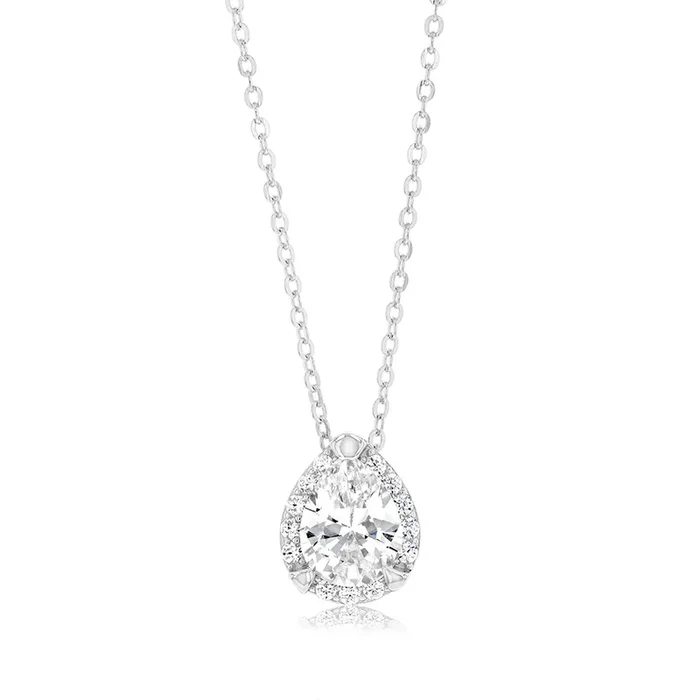 Sterling Silver Rhodium Plated Pear Shaped Zirconia Pendant On 40+5cm Chain