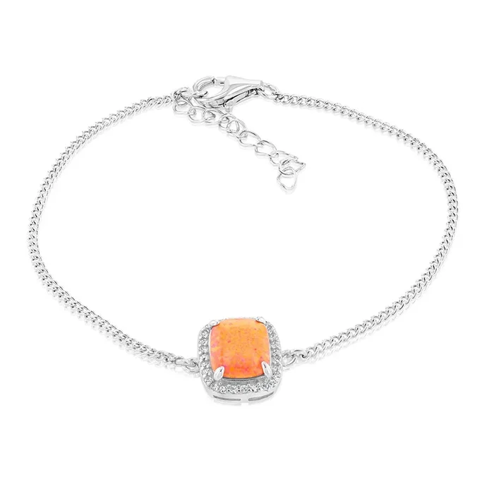 Sterling Silver Rhodium Plated Rectangle Created Orange Opal And White Zirconia 15.5+3cm Bracelet