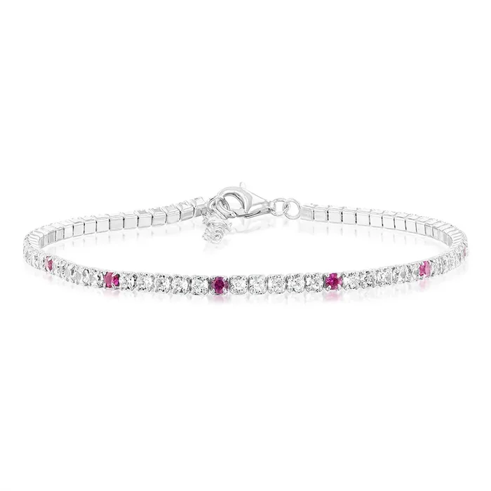 Sterling Silver Rhodium Plated Round White Zirconia And Created Ruby 16.5+3cm Tennis Bracelet