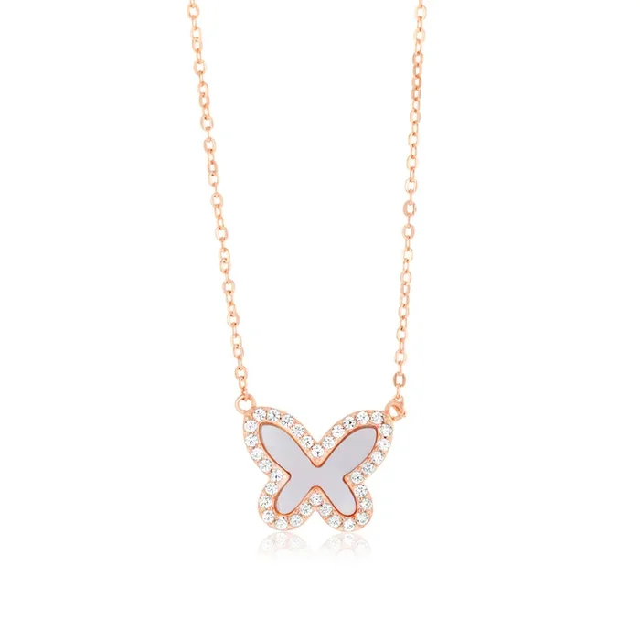 Sterling Silver Rose Gold Plated Cubic Zirconia Pink Shell Pearl Butterfly Pendant On Chain