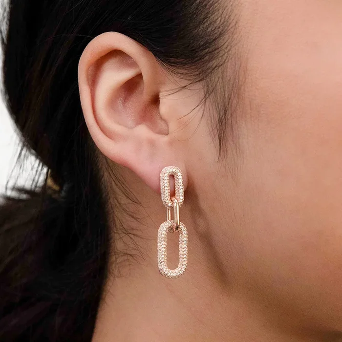 Sterling Silver Rose Gold Plated White CZ On Links Drop Earrings