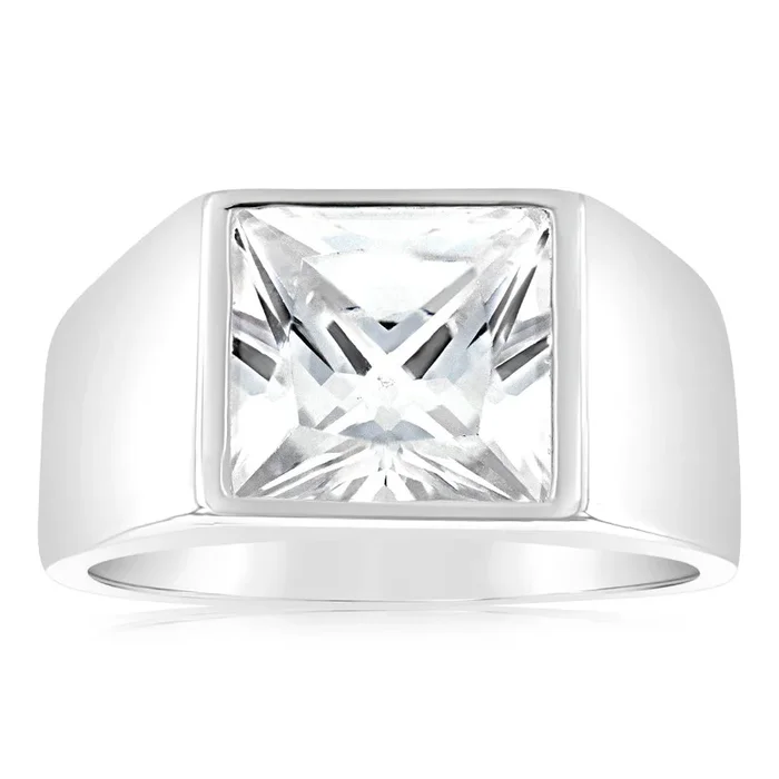 Sterling Silver Square White Zirconia Gents Ring