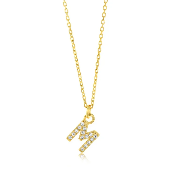 Sterling Silver Yellow Gold Plated Initial “M” Pendant On 45cm Chain
