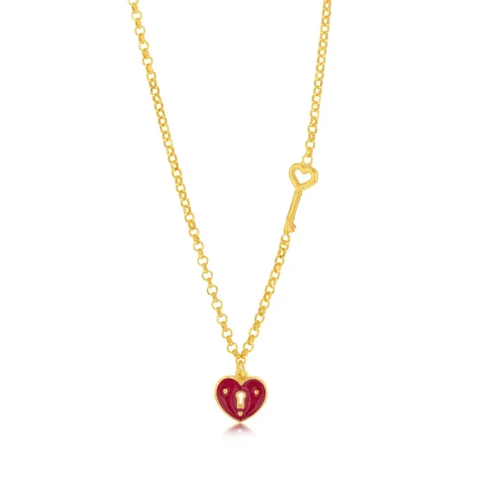 Sterling Silver Yellow Gold Plated Red Heart On 45cm Chain