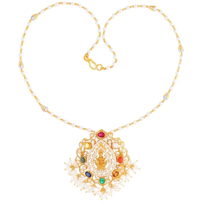 Subtle Laxmi Antique Pendant With Navratan in 22K Gold
