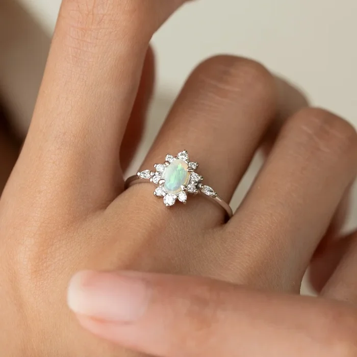Sunburst Opal Halo Ring White Gold – Solana