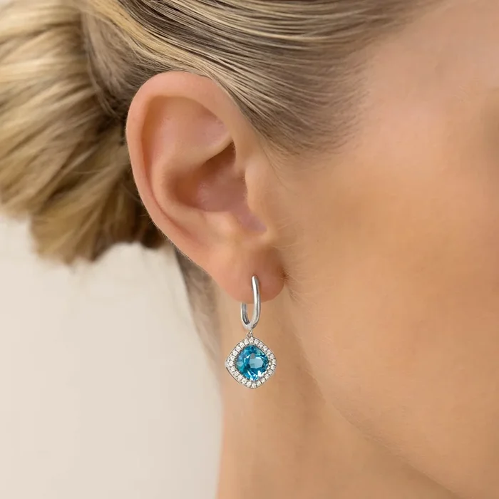 Swiss Blue Topaz and Diamond Halo Drop Earrings White Gold – Elvira