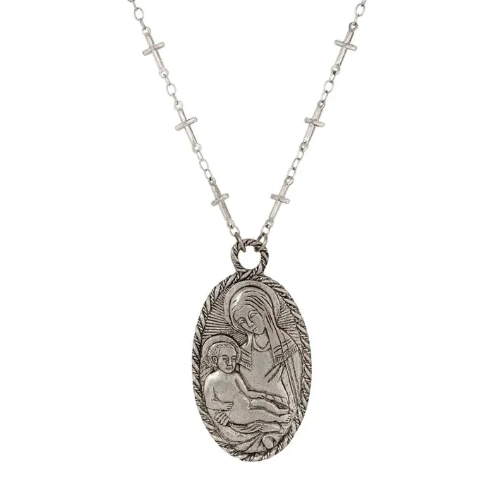 Symbols Of Faith Antiqued Madonna And Child Oval Pendant Cross Necklace 26″