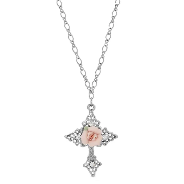 Symbols Of Faith Crystal And Porcelain Rose Cross Pendant Necklace 18″