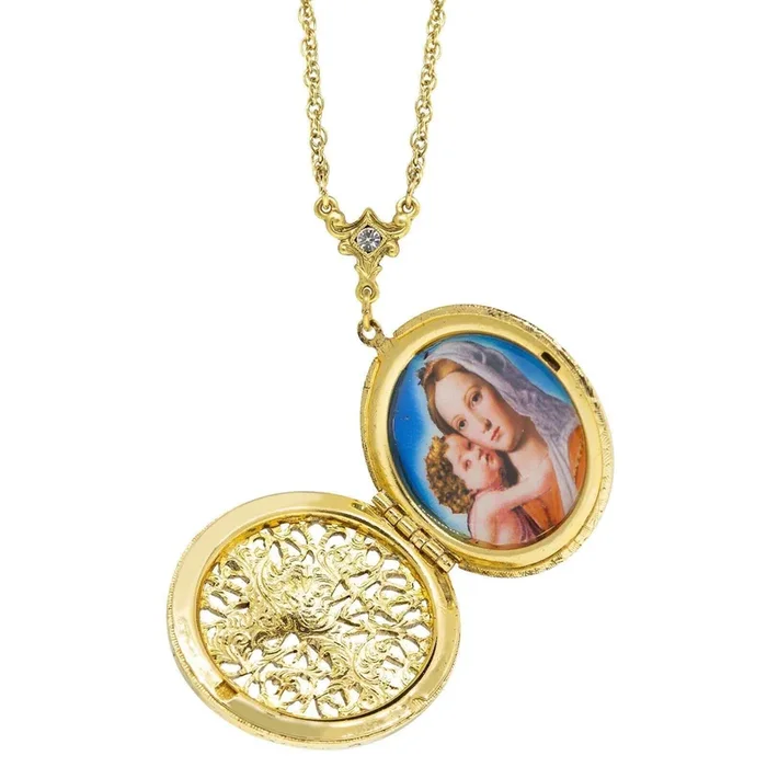 Symbols Of Faith Crystal Cross Madonna and Child Locket Necklace 30″