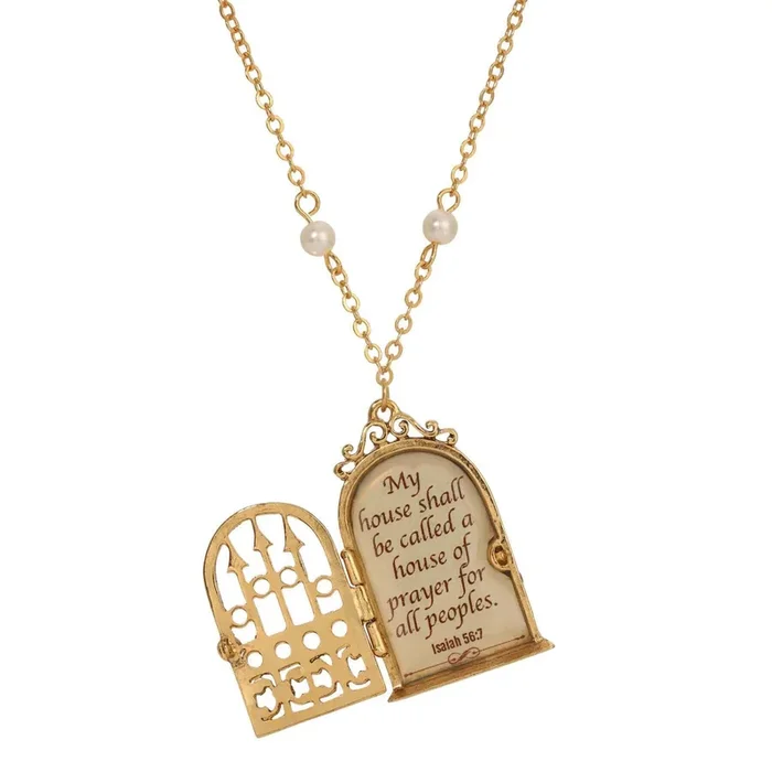 Symbols Of Faith Isaiah 56:7 Door Locket Faux Pearl Necklace 24″