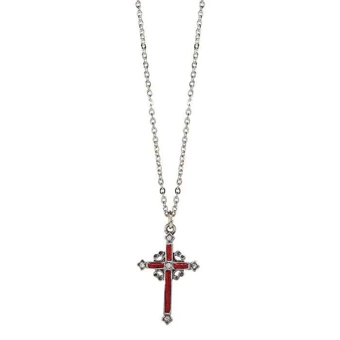 Symbols Of Faith Pewter Hand Enamel Cross With Crystals Pendant Necklace 18″