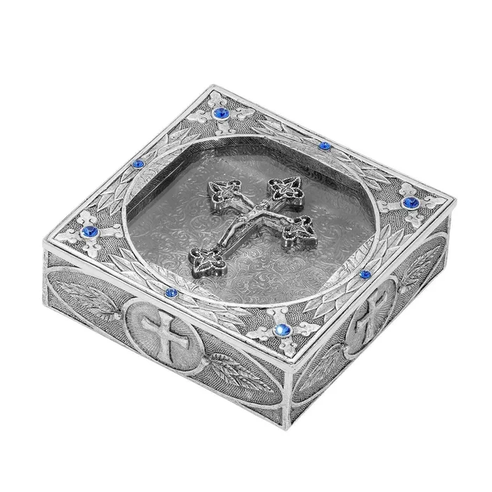 Symbols Of Faith Pewter Sapphire Blue Austrian Crystal Crucifix Rosary Box