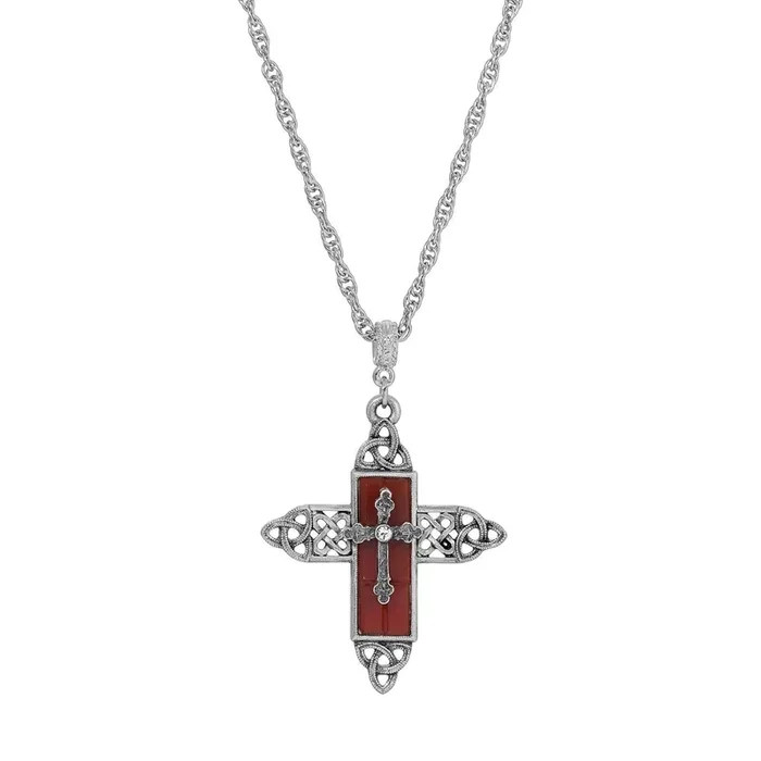 Symbols Of Faith Triquetra Cross Glass Pendant Necklace 28″L