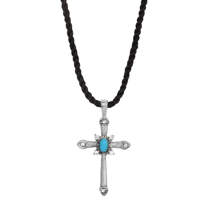 Symbols Of Faith Twisted Cord Crystal Turquoise Pewter Cross Pendant Necklaces 15″