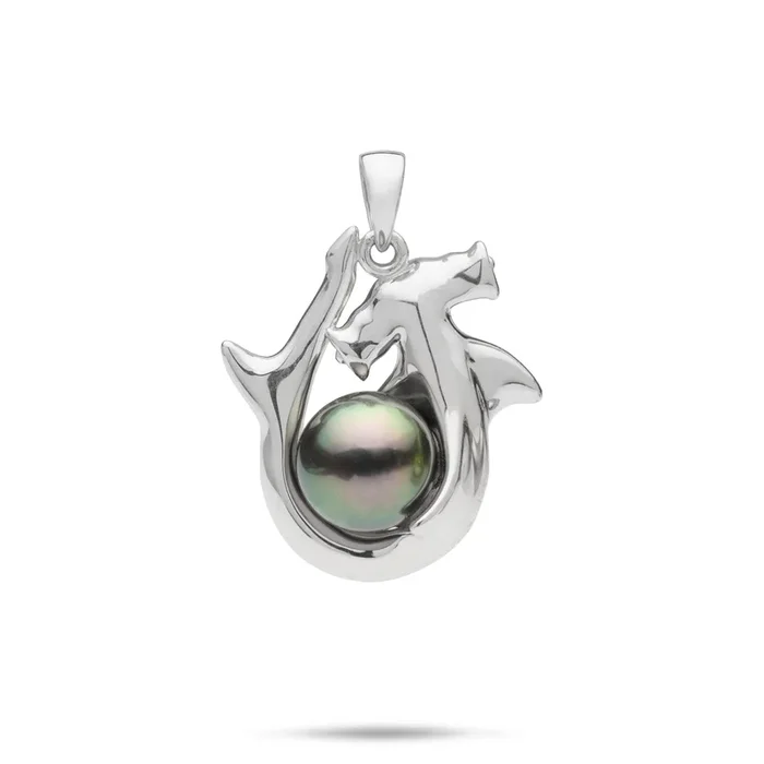 Tahitian Black Pearl Hammerhead Shark Pendant in White Gold – 9-10mm