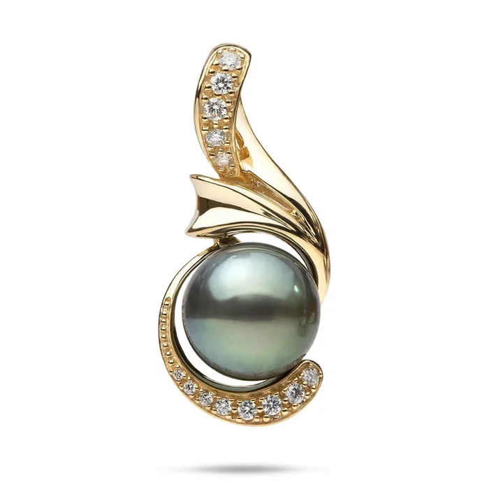 Tahitian Black Pearl Pendant in Gold with Diamonds – 14-15mm