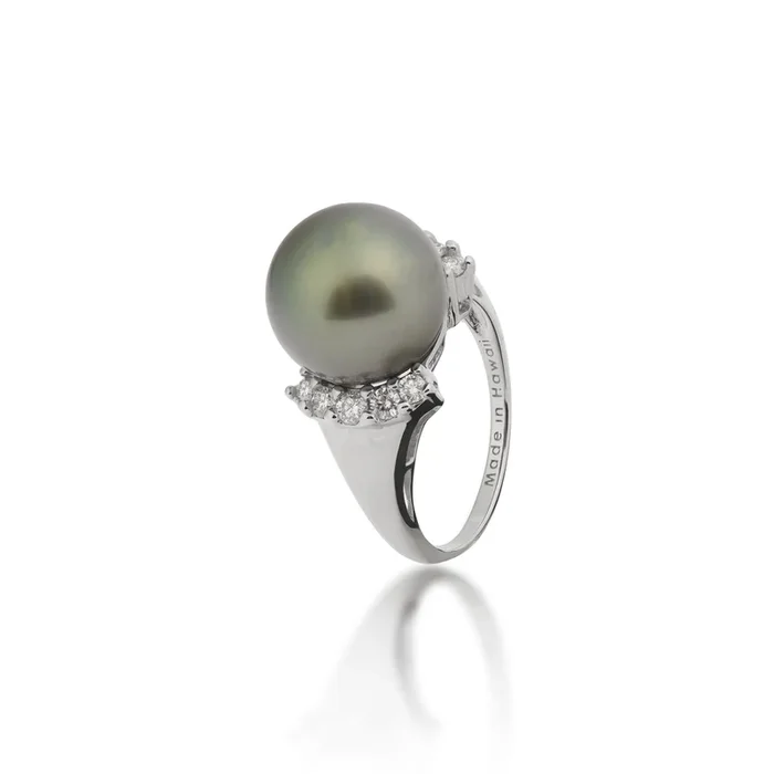 Tahitian Black Pearl Ring in White Gold with Diamonds – 12-13mm