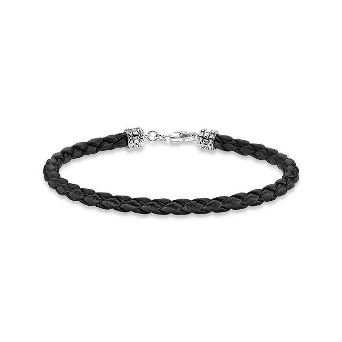 Thomas Sabo Rebel Sterling Silver Black Raided Leather 17cm Bracelet