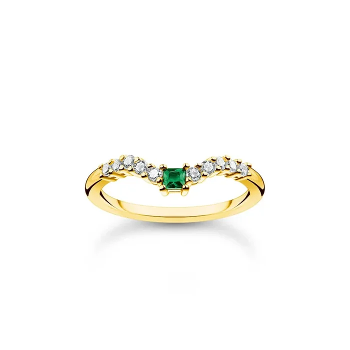 Thomas Sabo Sterling Silver Gold Plated Charm Club Tapered Green CZ “V” Ring