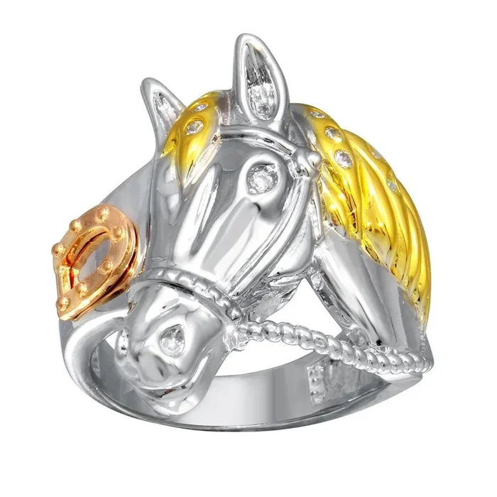 Three-Tone 925 Sterling Silver Men’s CZ Rope Horse Ring – GMR002793C