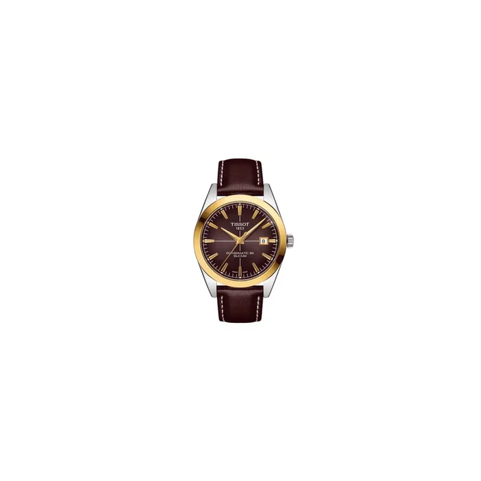 Tissot T-Gold Gentleman Powermatic 80 watch brown dial leather strap 42mm