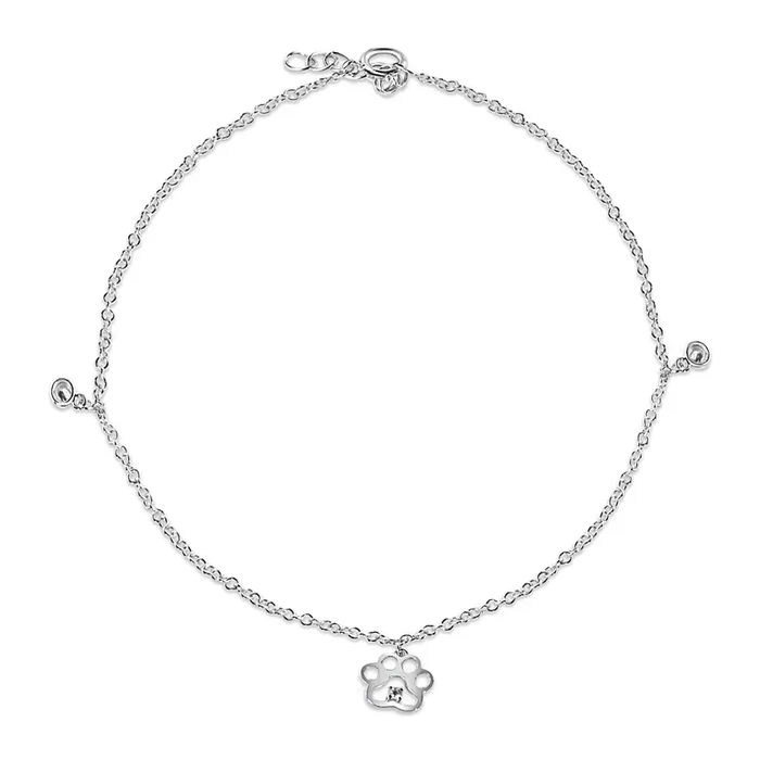 Tobillera abierta con forma de pata de perro y circonitas cúbicas en plata de ley 925 rodiada – BGF00040
