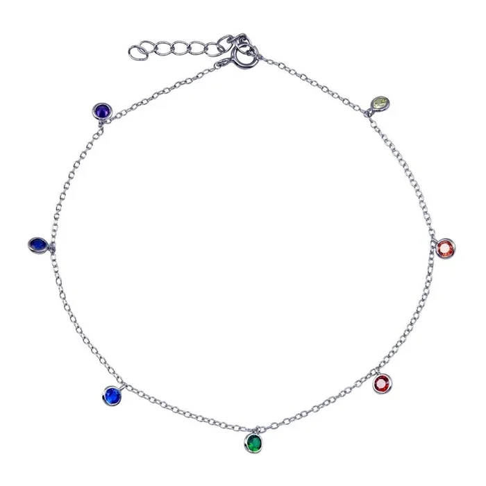 Tobillera colgante con circonitas multicolores en plata de ley 925 rodiada – BGF00038
