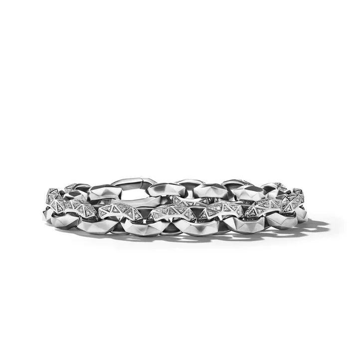 Torqued Faceted Link Bracelet in Sterling Silver with Diamonds, 11.6mm
