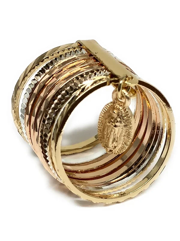 Tri-Color Gold Plated Semanario Virgin Mary Ring Virgen De Guadalupe Anillo Semanario Tres Colores
