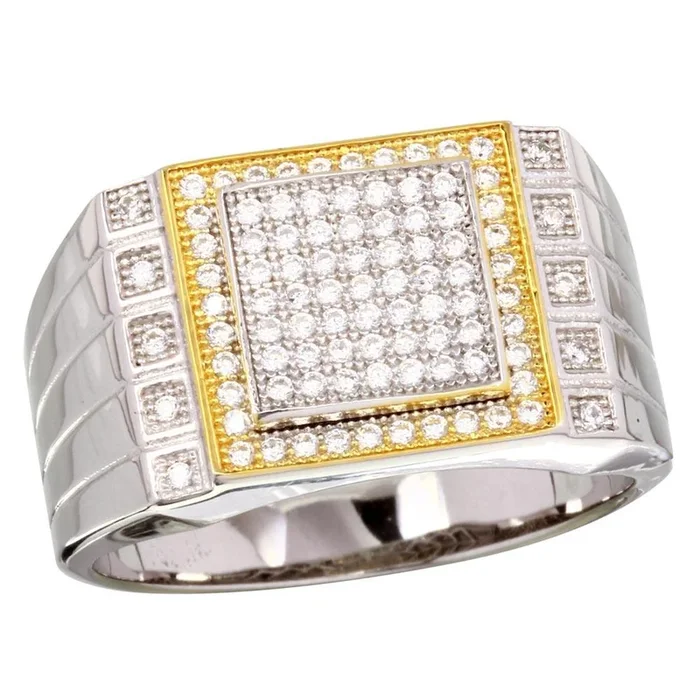 Two-Tone 925 Rhodium Plated 925 Sterling Silver Square CZ Encrusted Men’s Ring – GMR00218RG