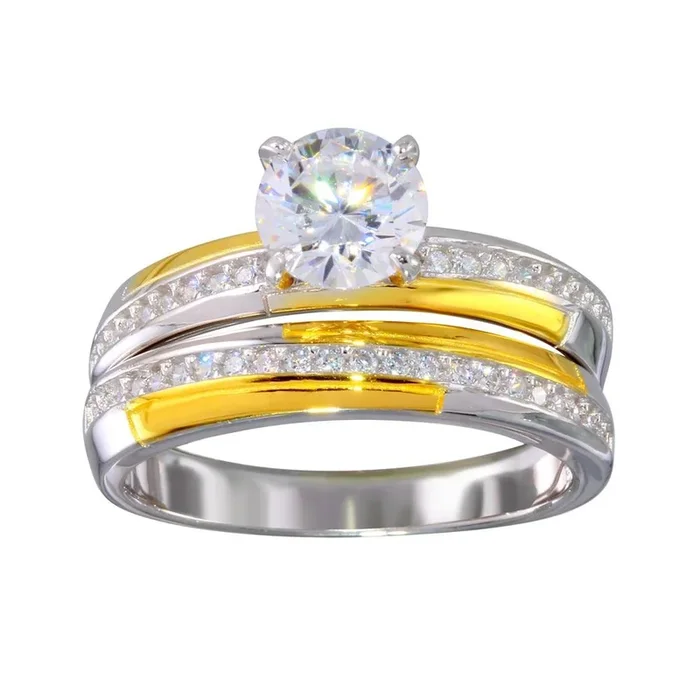 Two-Tone 925 Sterling Silver Gold and Rhodium Plated Stackable Double Rings with CZ – GMR00262RG