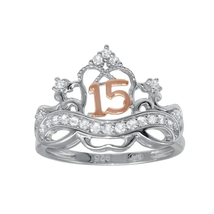 Two-Tone Sterling Silver CZ Quinceanera Crown Ring – GMR00307RHR