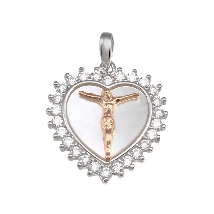 Two-Toned 925 Sterling Silver Synthetic Mother of Pearl Crucifix Heart Medallion Pendant – GMP00058RHR