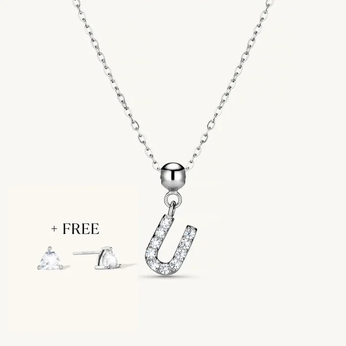 U Diamond Initial Charm Necklace + FREE Diamond Trio Studs Silver