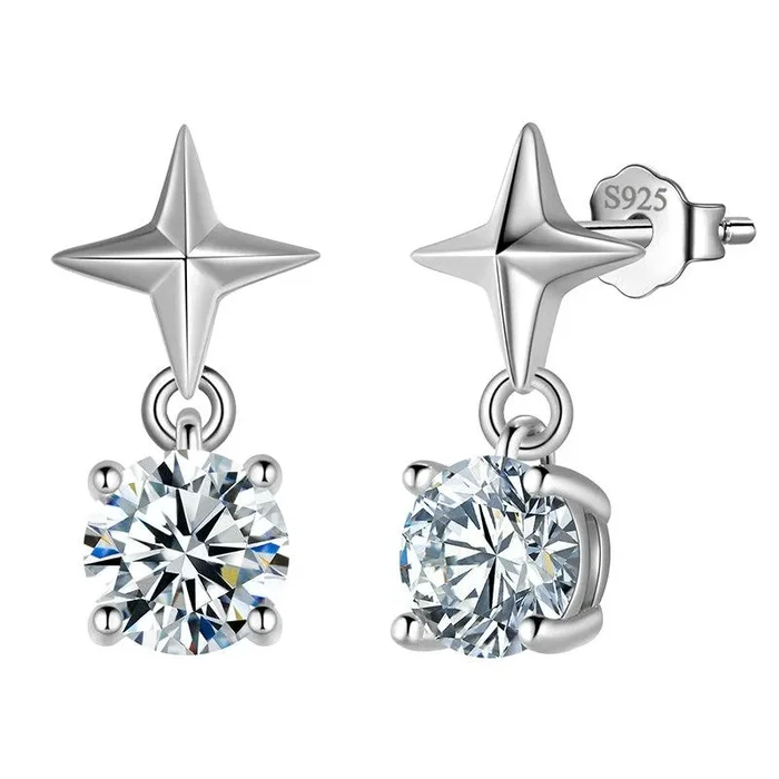 Vierzackiger Stern-Moissanit-Ohrstecker, Tropfen-Ohrringe für Damen und Mädchen, Schmuck aus 925er Sterlingsilber